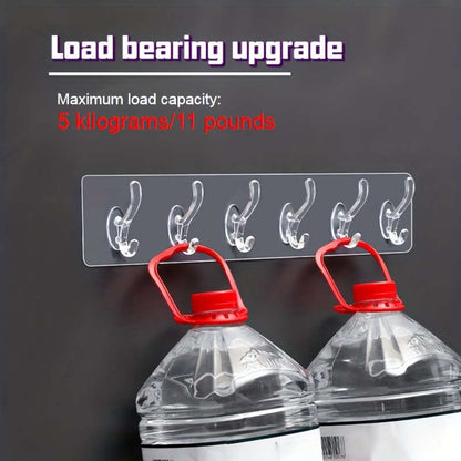 Easy to install clear adhesive hooks - 6 rows of hooks, suitable for hanging clothes and hats, no need to drill holes for wall hanging, perfect for bathroom and closet storage, practical hooks