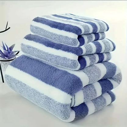 Blue and white striped luxury bath towel three-piece set
