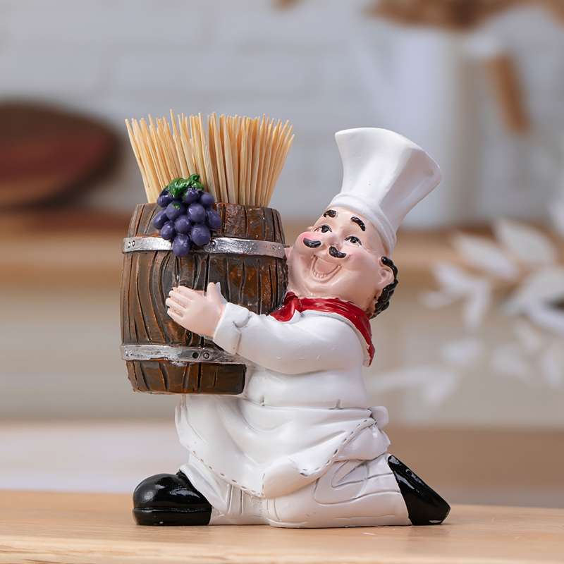 1 piece charming chef themed toothpick holder with wood barrel resin, no power required, perfect for
