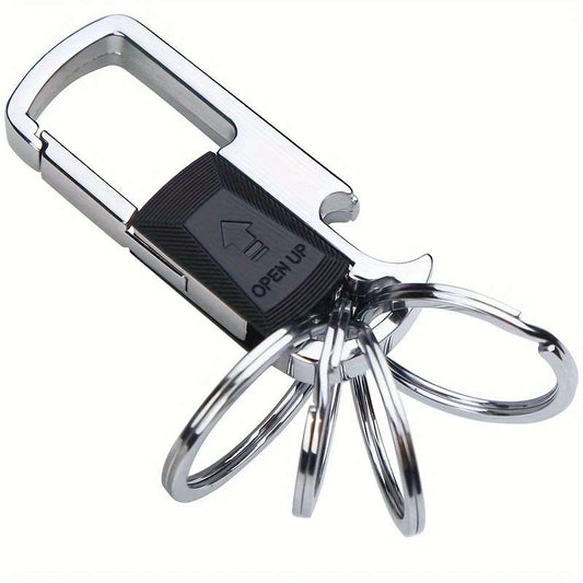 1pcs Men's Stainless Steel Car Keychain with 4 Removable Rings and Bottle Opener, Stylish Black Business Style