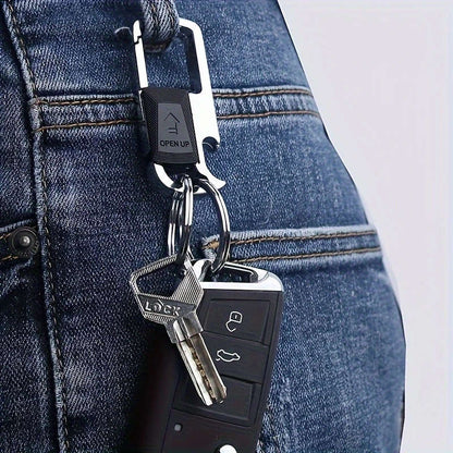 1pcs Men's Stainless Steel Car Keychain with 4 Removable Rings and Bottle Opener, Stylish Black Business Style