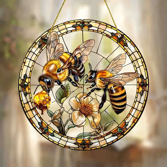 1pc 2D Flat 8" Acrylic Bee and Flowers Stained Glass Style Sun Catcher Vibrant Wall Hanging D