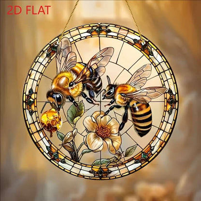 1pc 2D Flat 8" Acrylic Bee and Flowers Stained Glass Style Sun Catcher Vibrant Wall Hanging D