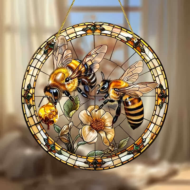 1pc 2D Flat 8" Acrylic Bee and Flowers Stained Glass Style Sun Catcher Vibrant Wall Hanging D
