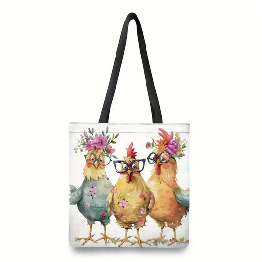 1pcs Chic Cartoon Chicken Tote Bag Lightweight Unique Animal Print Fashion Shoulder Bag Reusable Grocery