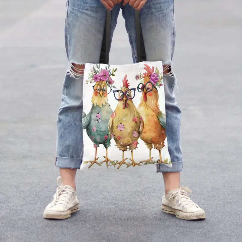 1pcs Chic Cartoon Chicken Tote Bag Lightweight Unique Animal Print Fashion Shoulder Bag Reusable Grocery