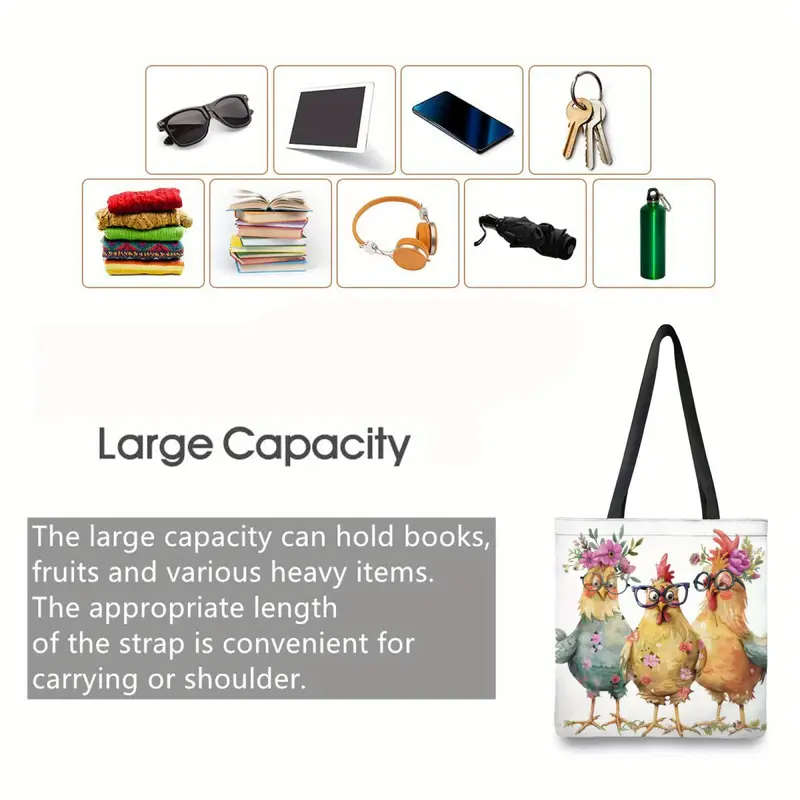 1pcs Chic Cartoon Chicken Tote Bag Lightweight Unique Animal Print Fashion Shoulder Bag Reusable Grocery