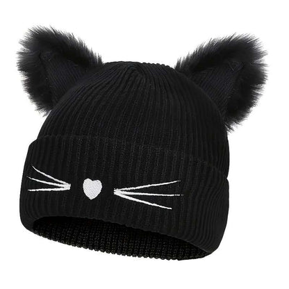 1pc Women's Cute Cat Ear Knit Beanie with Embroidery Acrylic Stretch Skull Cap for Winter Warmth