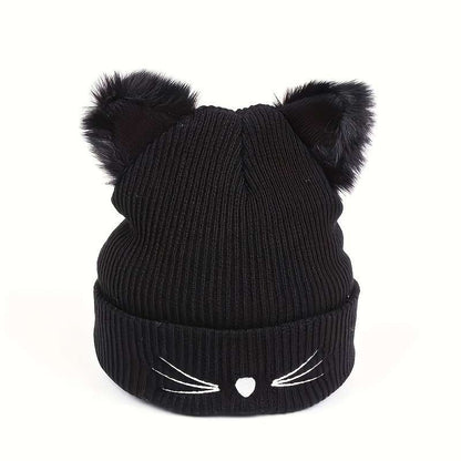 1pc Women's Cute Cat Ear Knit Beanie with Embroidery Acrylic Stretch Skull Cap for Winter Warmth