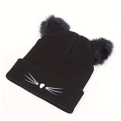 1pc Women's Cute Cat Ear Knit Beanie with Embroidery Acrylic Stretch Skull Cap for Winter Warmth