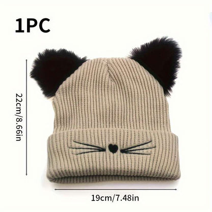 1pc Women's Cute Cat Ear Knit Beanie with Embroidery Acrylic Stretch Skull Cap for Winter Warmth