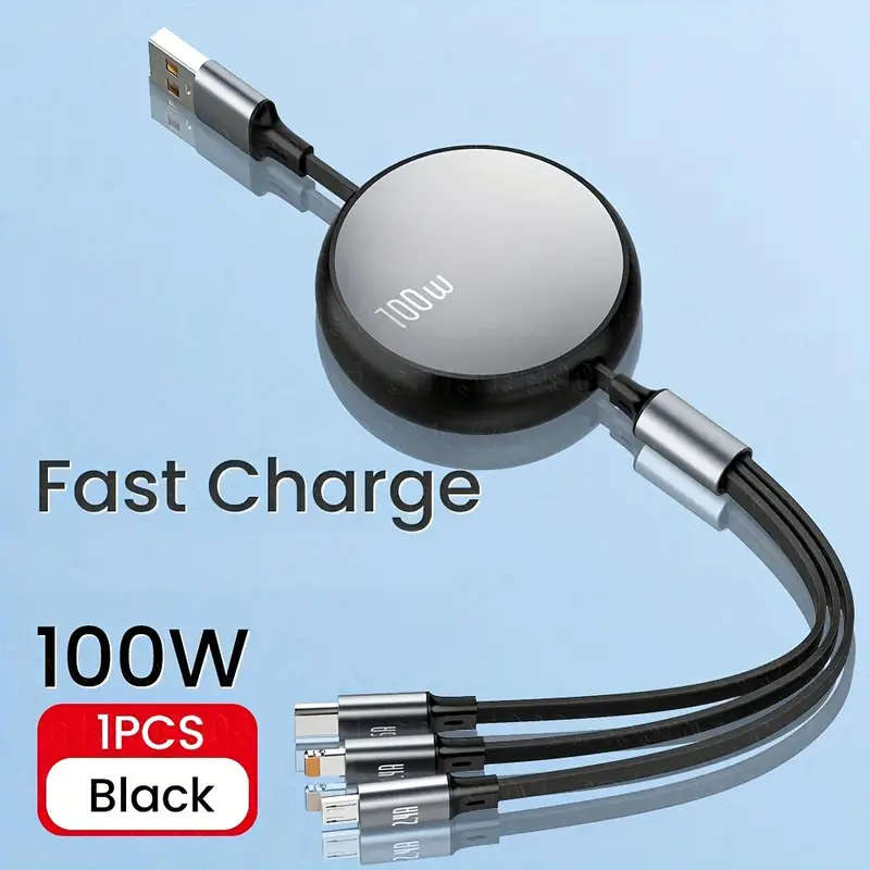 3 in 1 Retractable USB C 6A 100W USB Fast Charger