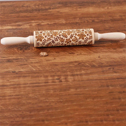 1pc Flower Leaf Rolling Pin (34.8cm), Wooden Embossed Dough Roller, Kitchen Gadgets