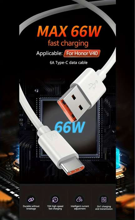 1 Type-C Data Cable 100cm Round PVC USB Charging Matte Finish 6A Fast Charging 36V >80