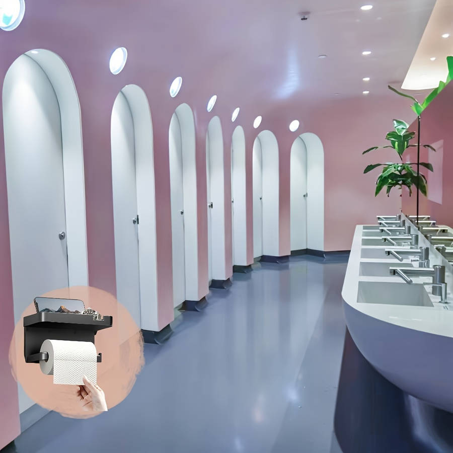 Space saving self-adhesive toilet paper holder with storage shelf