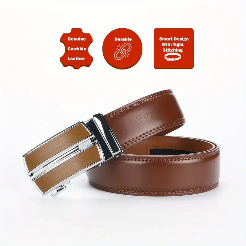 Men's Genuine Leather Ratchet Belt with Adjustable Automatic Buckle, Brown, 130cm