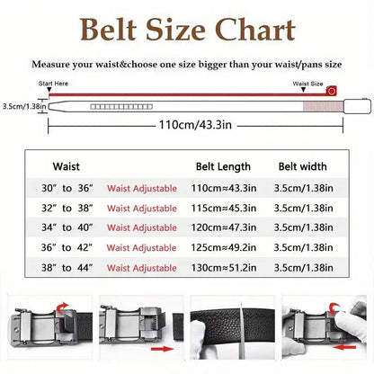 Men's Genuine Leather Ratchet Belt with Adjustable Automatic Buckle, Brown, 130cm
