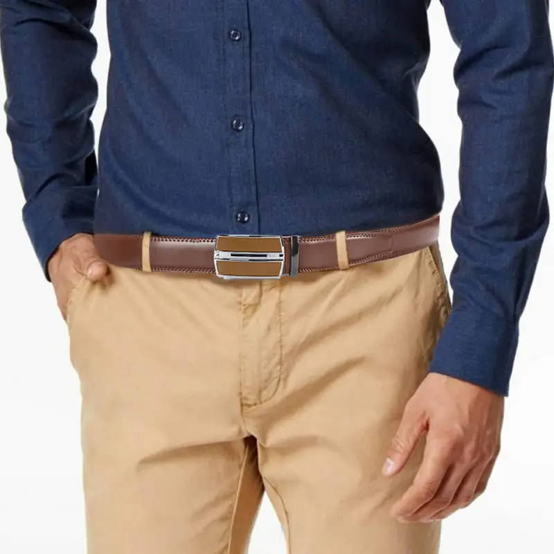 Men's Genuine Leather Ratchet Belt with Adjustable Automatic Buckle, Brown, 130cm