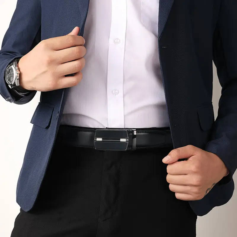 Men's Genuine Leather Ratchet Belt with Adjustable Automatic Buckle, Brown, 130cm