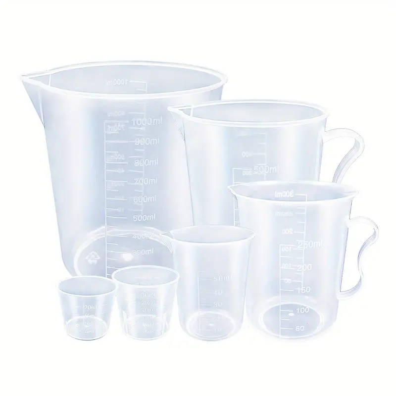 Set of 6 clear plastic measuring cups with easy-pour spouts, durable and precise for baking and cooking