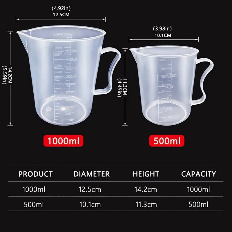 Set of 6 clear plastic measuring cups with easy-pour spouts, durable and precise for baking and cooking