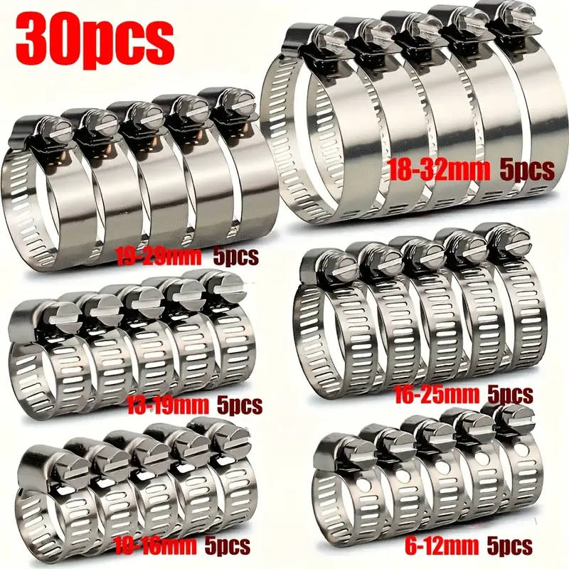 30-piece stainless steel adjustable hose clamp set