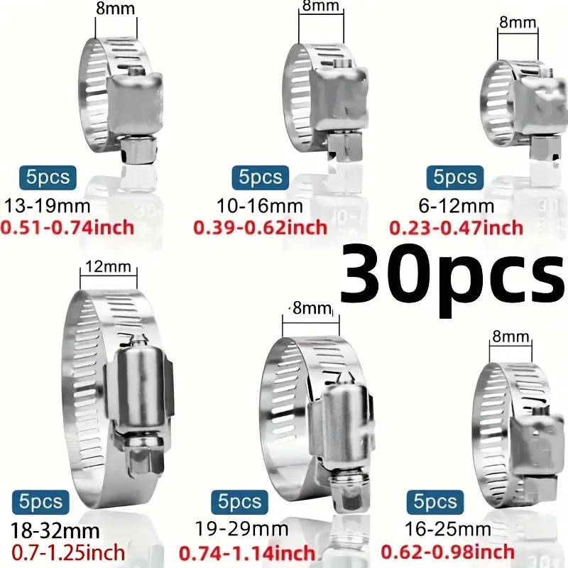 30-piece stainless steel adjustable hose clamp set