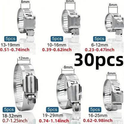 30-piece stainless steel adjustable hose clamp set
