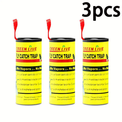 Three-piece set of non-toxic flypaper, powerful insect trap, with hanging loop.