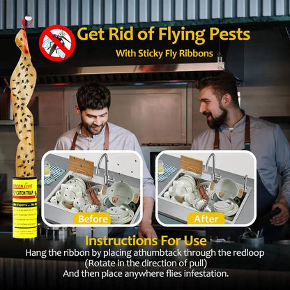 Three-piece set of non-toxic flypaper, powerful insect trap, with hanging loop.