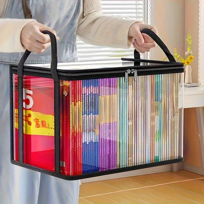 A transparent storage bag with a 180° flip-top.