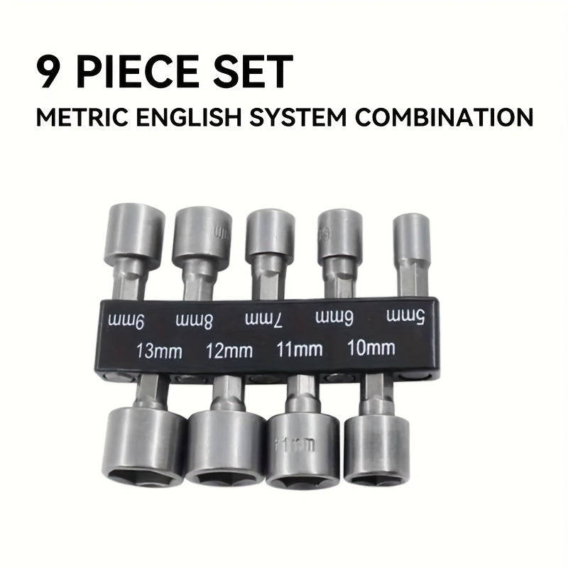 9-piece set of 5mm to 13mm hex screwdriver bits