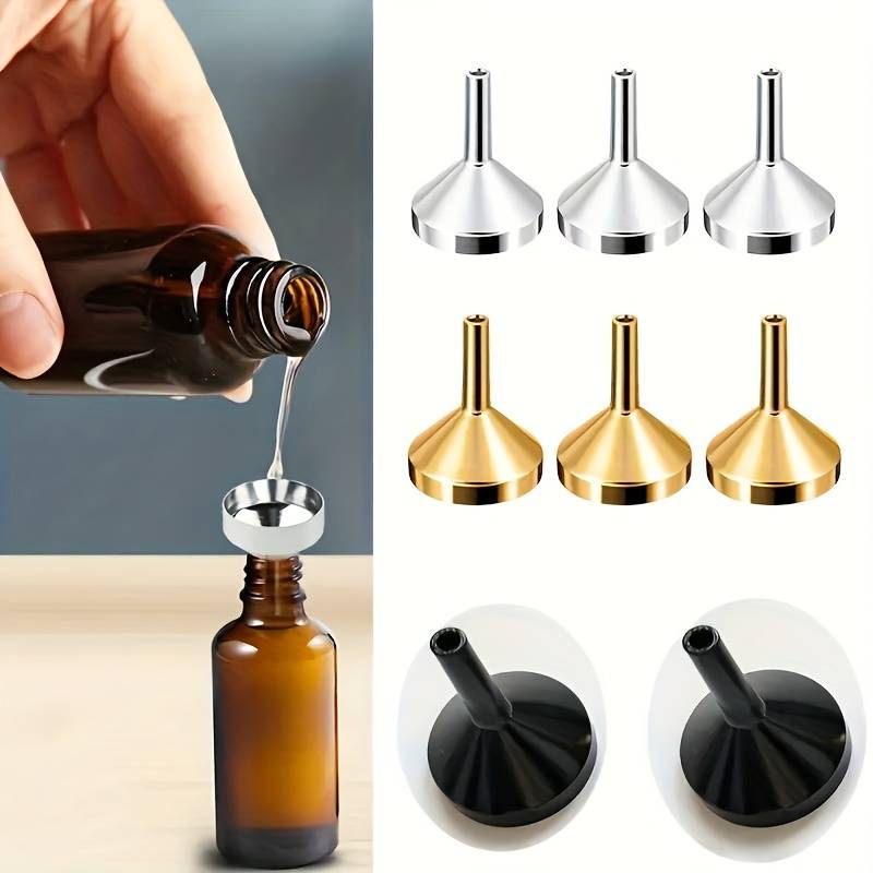 A set of small gold funnels designed specifically for perfumes and essential oils, making it easy to transfer and pour various liquids.
