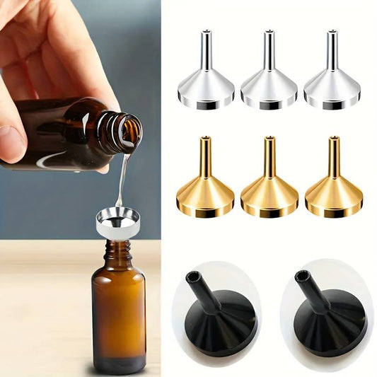 A set of small gold funnels designed specifically for perfumes and essential oils, making it easy to transfer and pour various liquids.
