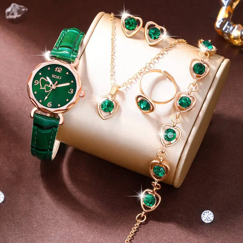 1 women's fashionable casual quartz watch with a peach-shaped dial; 5 heart-shaped necklaces and earrings.