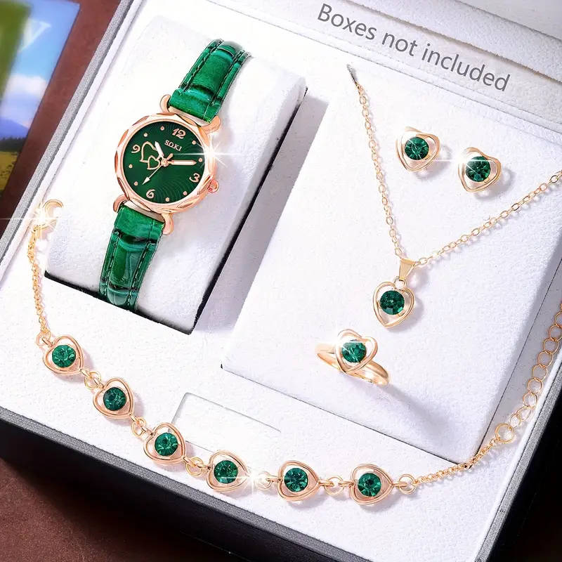 1 women's fashionable casual quartz watch with a peach-shaped dial; 5 heart-shaped necklaces and earrings.
