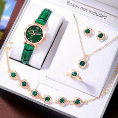 1 women's fashionable casual quartz watch with a peach-shaped dial; 5 heart-shaped necklaces and earrings.
