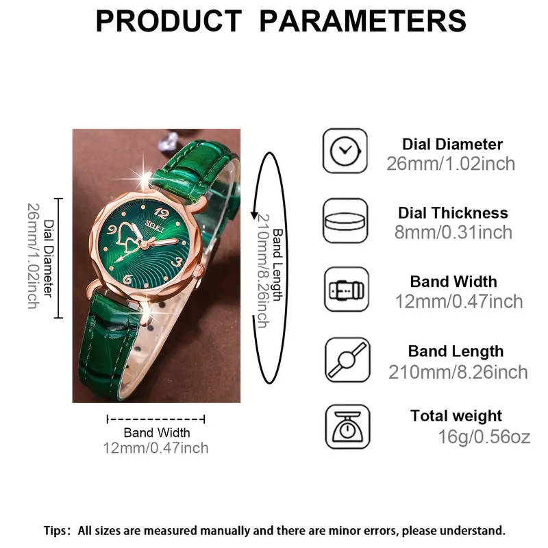 1 women's fashionable casual quartz watch with a peach-shaped dial; 5 heart-shaped necklaces and earrings.