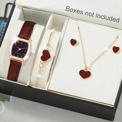 4pcs Set Ladies Watch Women Brown PU Strap Casual Quartz Watch And Heart Necklace Earings Bracelet J