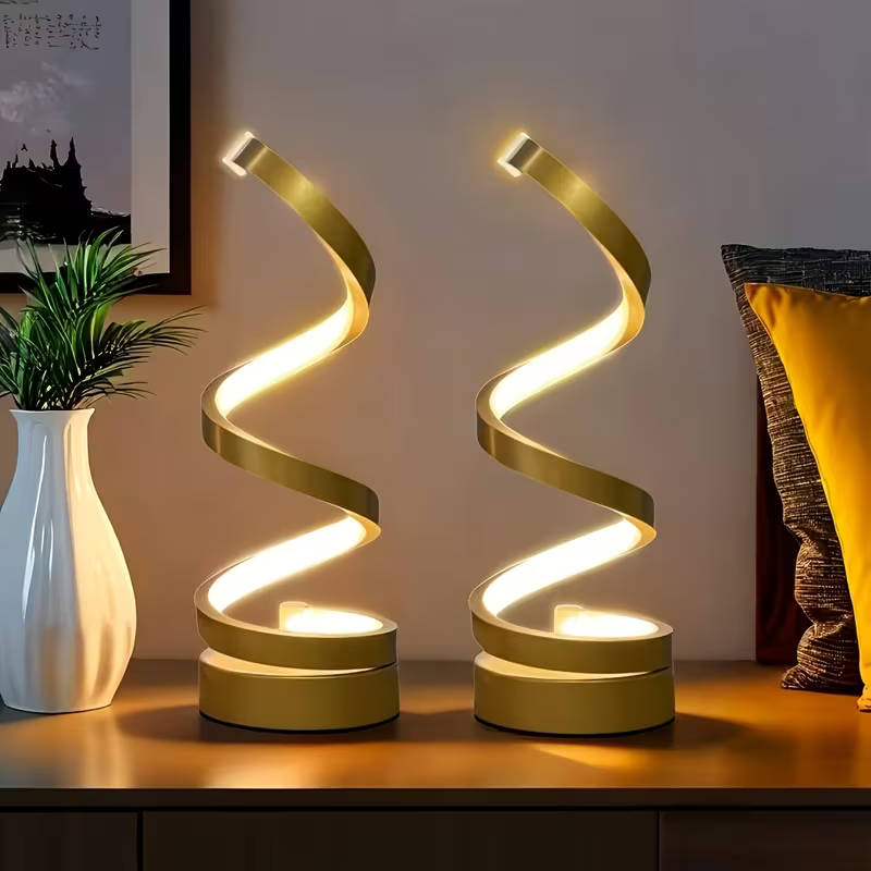 Two modern geometric spiral table lamps, space black set.