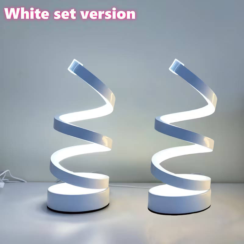 Two modern geometric spiral table lamps, space black set.