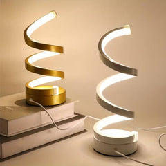 Two modern geometric spiral table lamps, space black set.