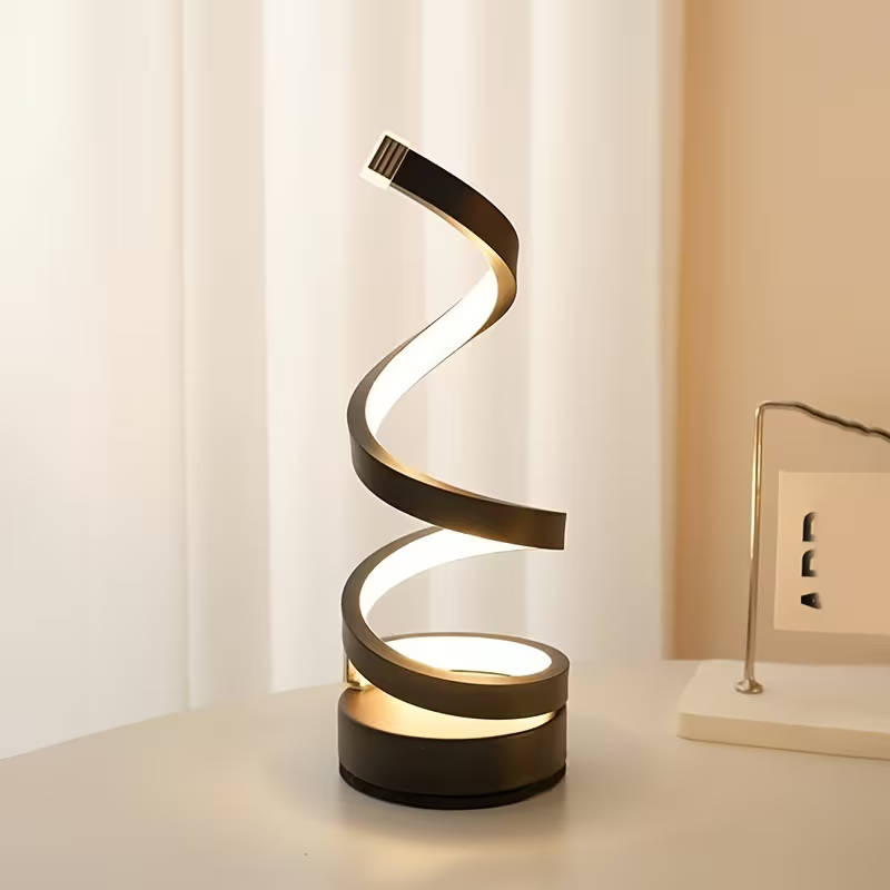 Two modern geometric spiral table lamps, space black set.