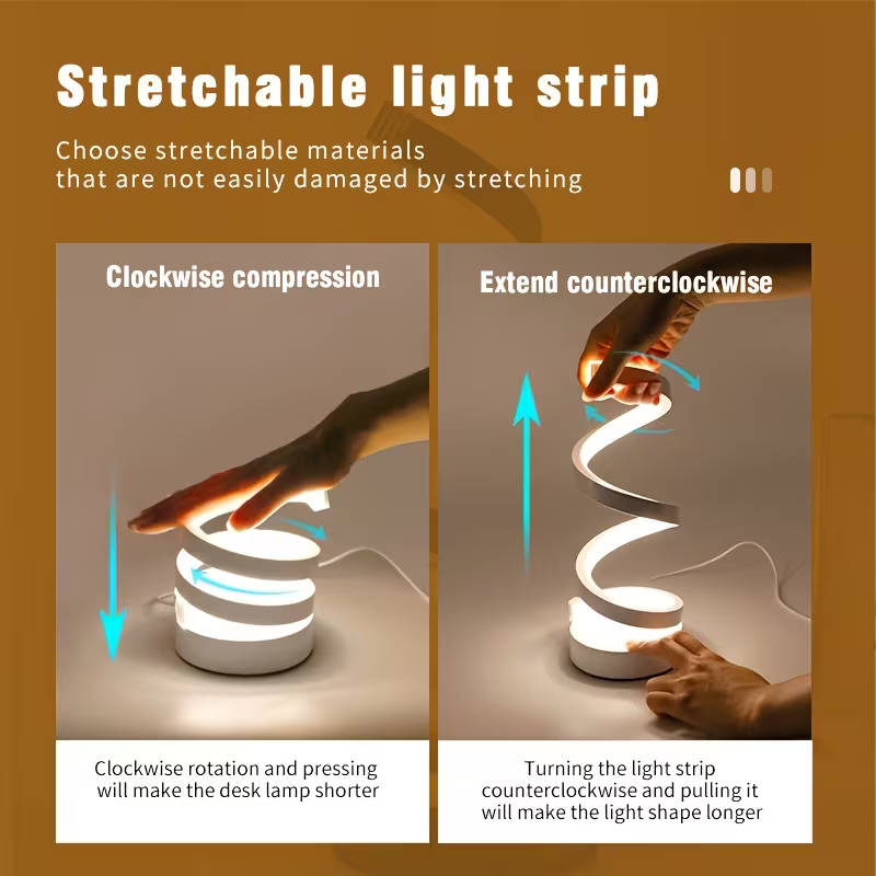 Two modern geometric spiral table lamps, space black set.