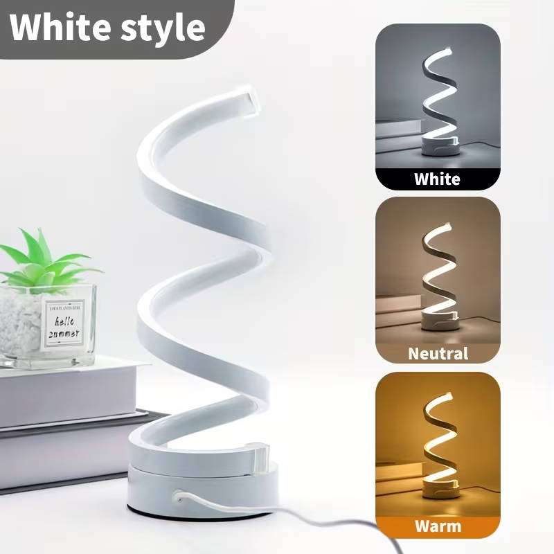 Two modern geometric spiral table lamps, space black set.