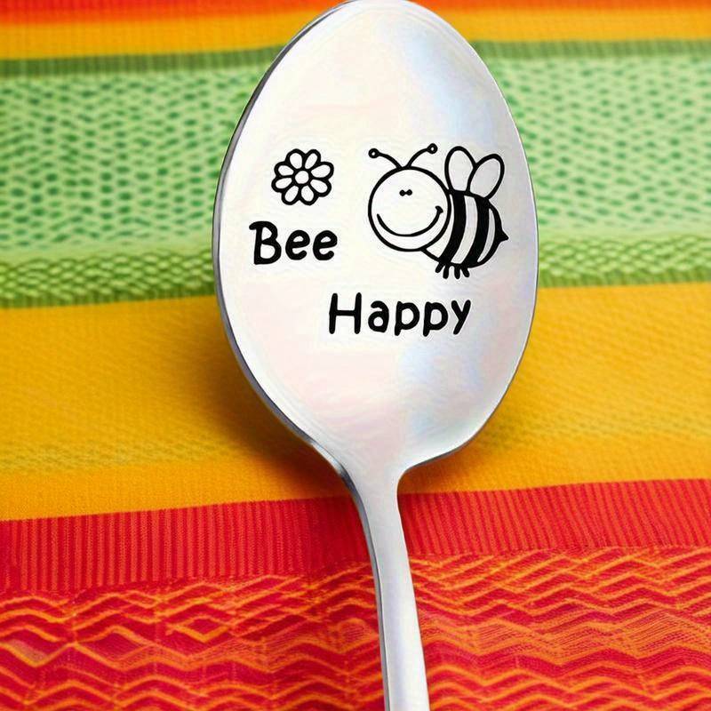 One stainless steel spoon, cartoon happy bee carved spoon, fun spoon, coffee spoon, ice spoon.