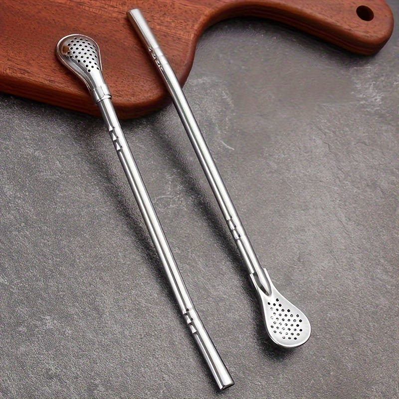 A set of three stainless steel straw spoons