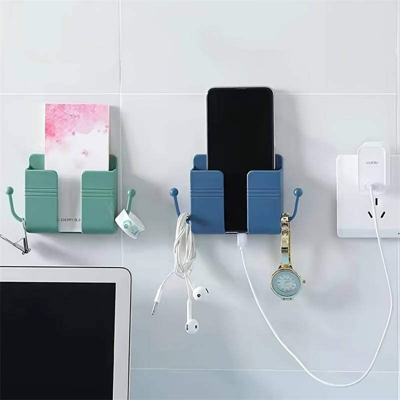 One adhesive wall mount with hooks, perfect for holding phone chargers and remote controls.