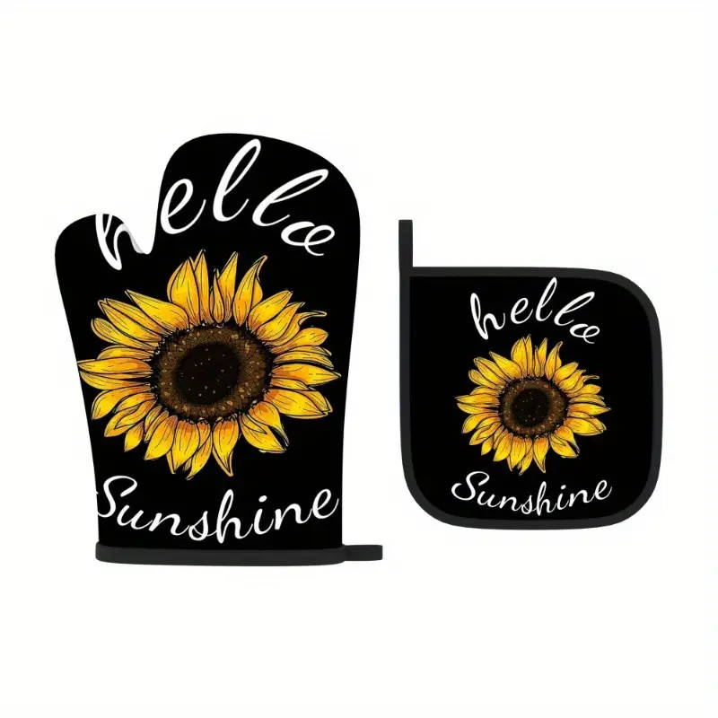 This 2-piece set includes sunflower pattern heat-resistant gloves and a heat-insulating mat. Dimensions: 26.92 x 17.02 cm. Made of polyester, machine washable.