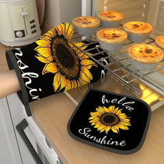 This 2-piece set includes sunflower pattern heat-resistant gloves and a heat-insulating mat. Dimensions: 26.92 x 17.02 cm. Made of polyester, machine washable.